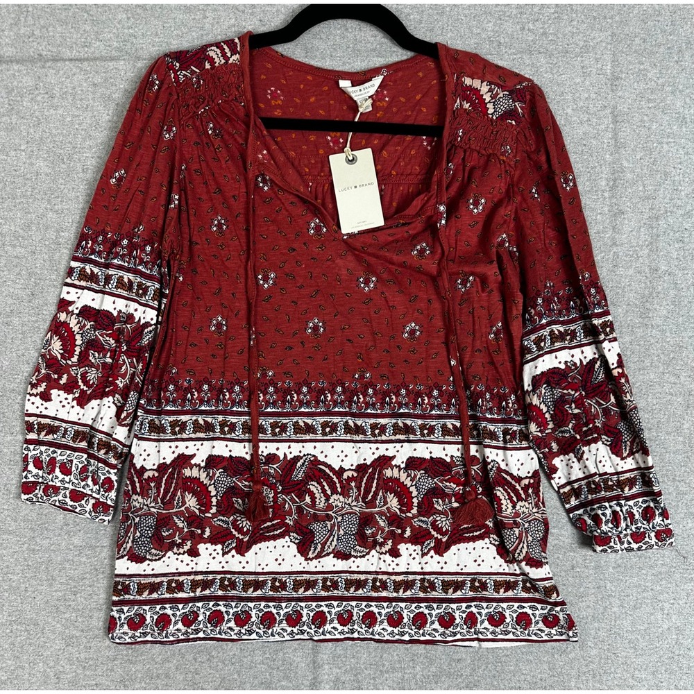 Lucky‎ Brand Peasant Top Womens XS Red New Boho Floral Paisley Tassel Blouse